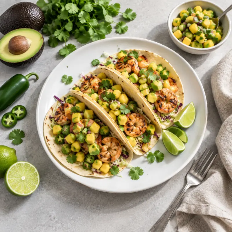 Grilled Shrimp Tacos with Mango-Avocado Salsa, plated