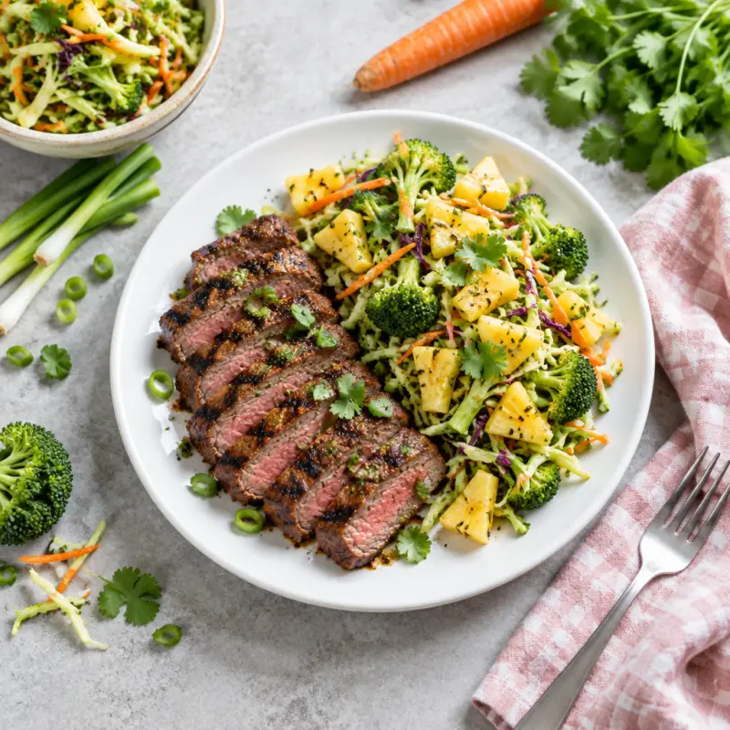 Grilled Sirloin Steak with Pineapple, Carrot, Cilantro & Broccoli Slaw, plated