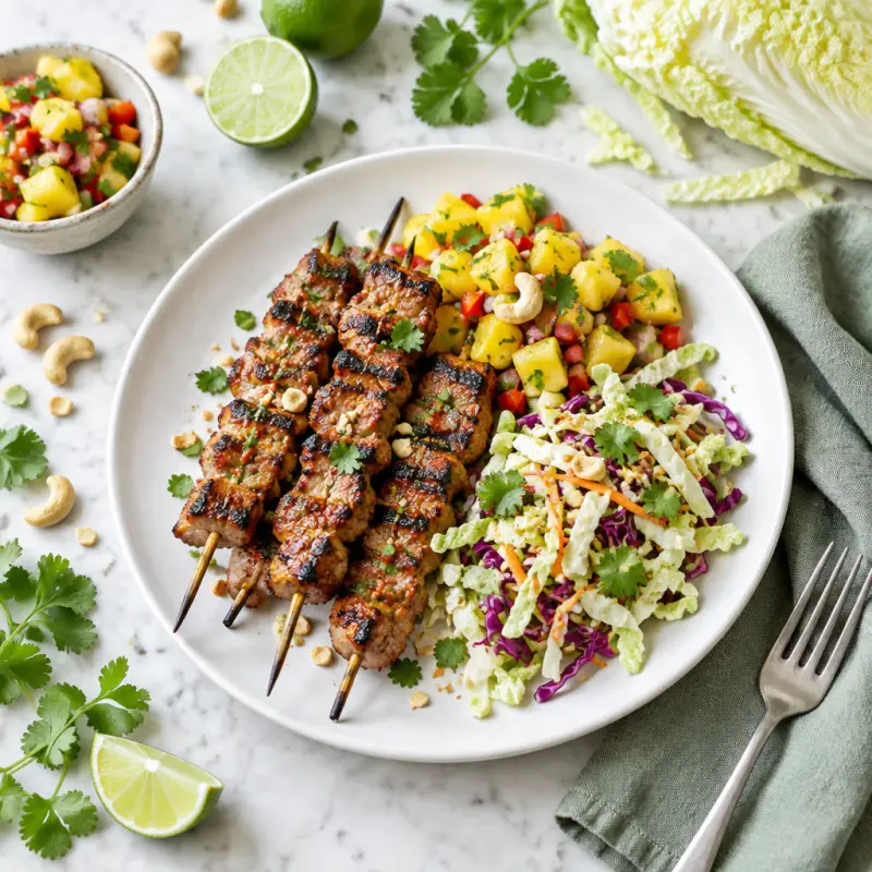 Grilled Spicy Asian Pork Skewers with Pineapple Salsa & Cabbage Slaw, plated