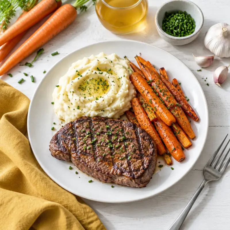 Grilled Steak & Carrots with Garlic Mashed Potatoes, plated