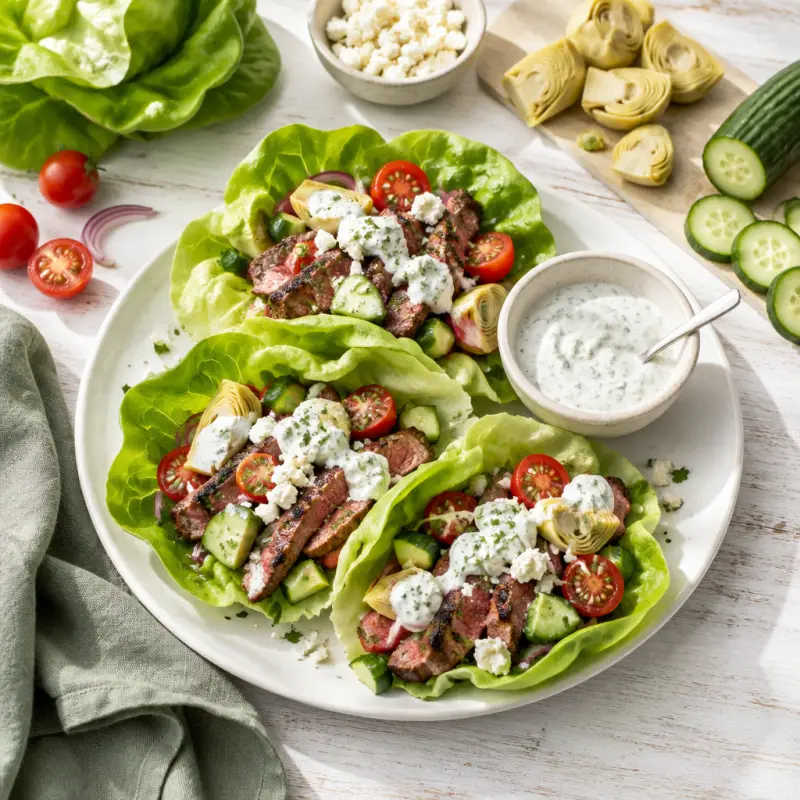 Grilled Steak & Greek Salad Lettuce Wraps with Garlicky Yogurt Sauce, plated