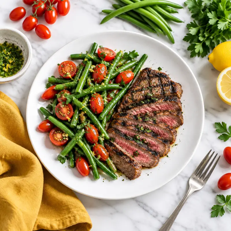 Grilled Steak with Green Bean & Grape Tomato Salad, plated