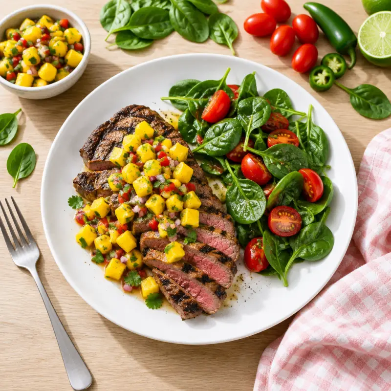 Grilled Steak with Mango Salsa & Spinach-Tomato Salad, plated