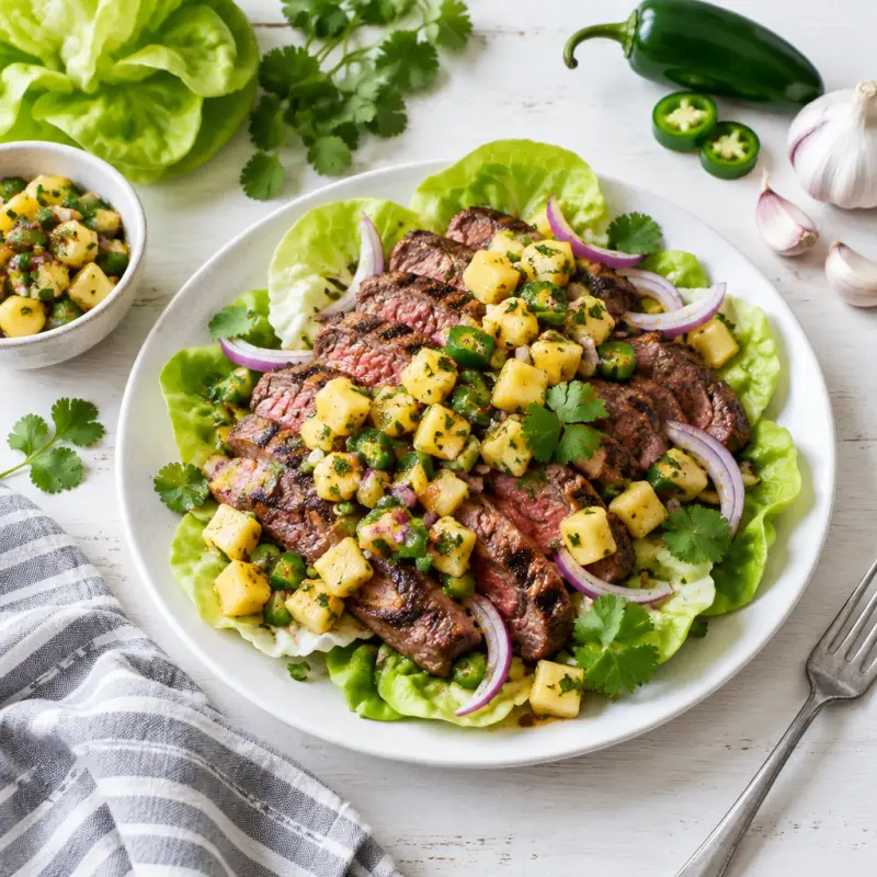 Grilled Steak & Onion Salad with Spicy Jalapeño-Pineapple Salsa, plated