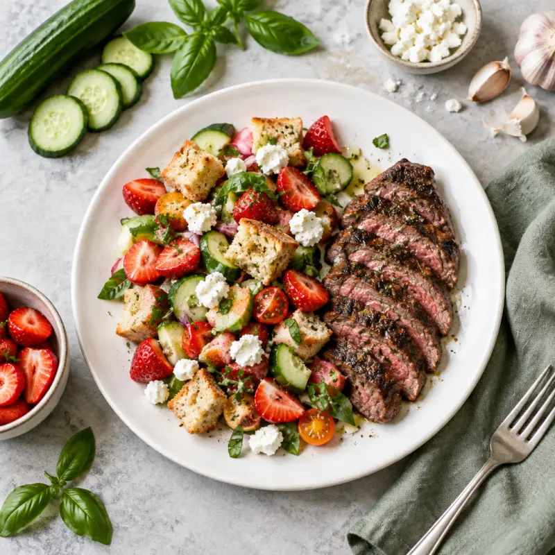 Grilled Steak with Strawberry Panzanella Salad, plated