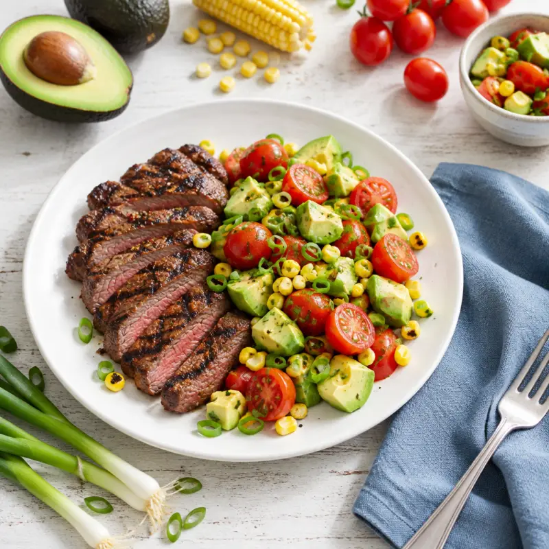 Grilled Steak with Tomato, Corn & Avocado Salad, plated