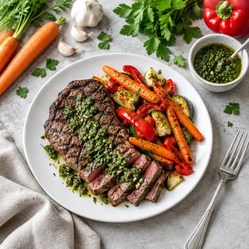 Grilled Steak & Vegetables with Chimichurri Sauce, plated