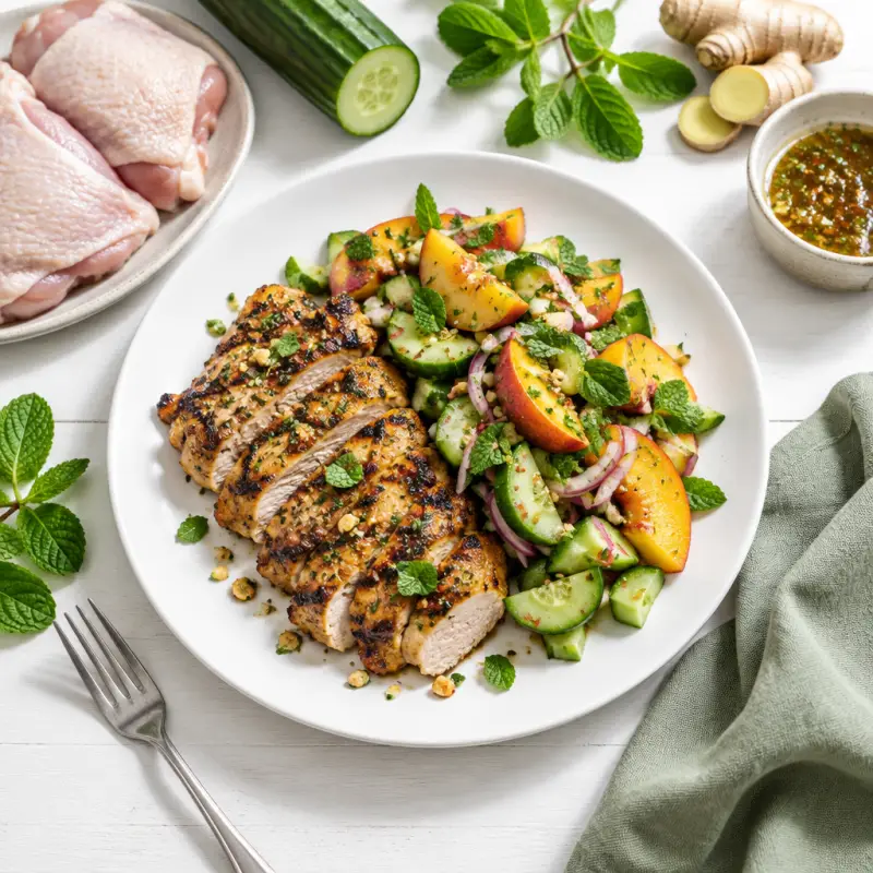 Grilled Thai Chicken with Cucumber Peach Salad, plated
