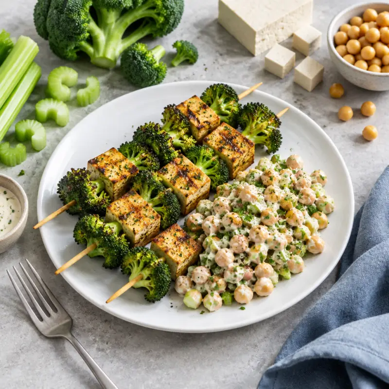 Grilled Tofu & Broccoli Skewers with Creamy Chickpea Salad, plated