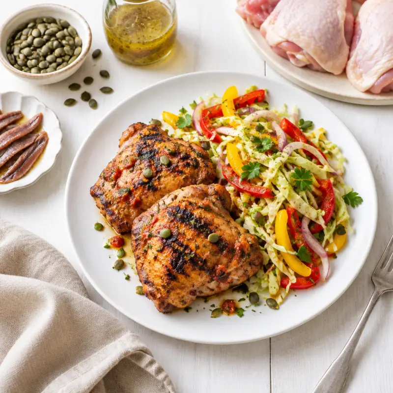 Grilled Tomato-Garlic Chicken Thighs with Bell Pepper & Cabbage Salad, plated