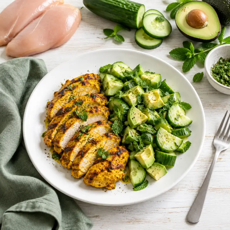Grilled Turmeric Chicken with Minty Cucumber-Avocado Salad, plated