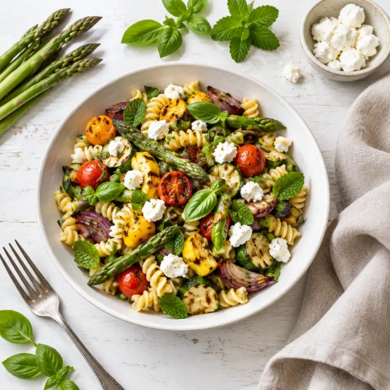 Grilled Vegetable Pasta Salad with Herbs & Goat Cheese, plated