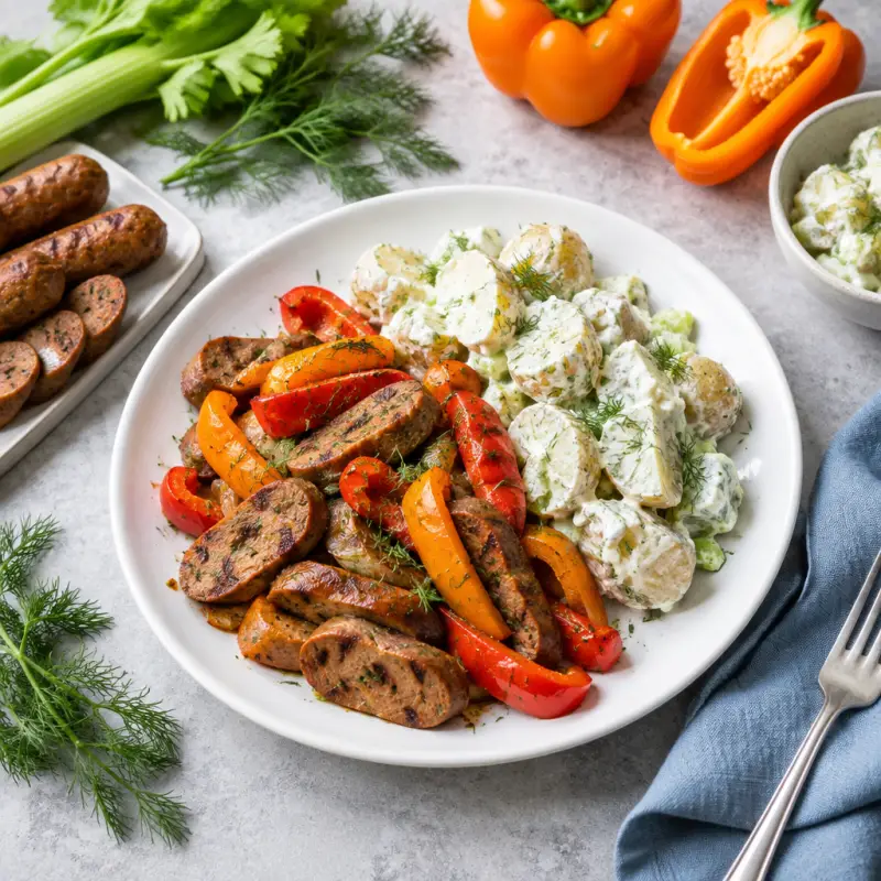Grilled Veggie Sausage & Bell Peppers with Creamy Dill Potato Salad, plated