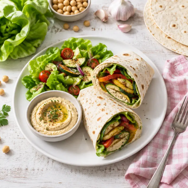 Grilled Zucchini & Veggie Wraps with Garlic Hummus, plated