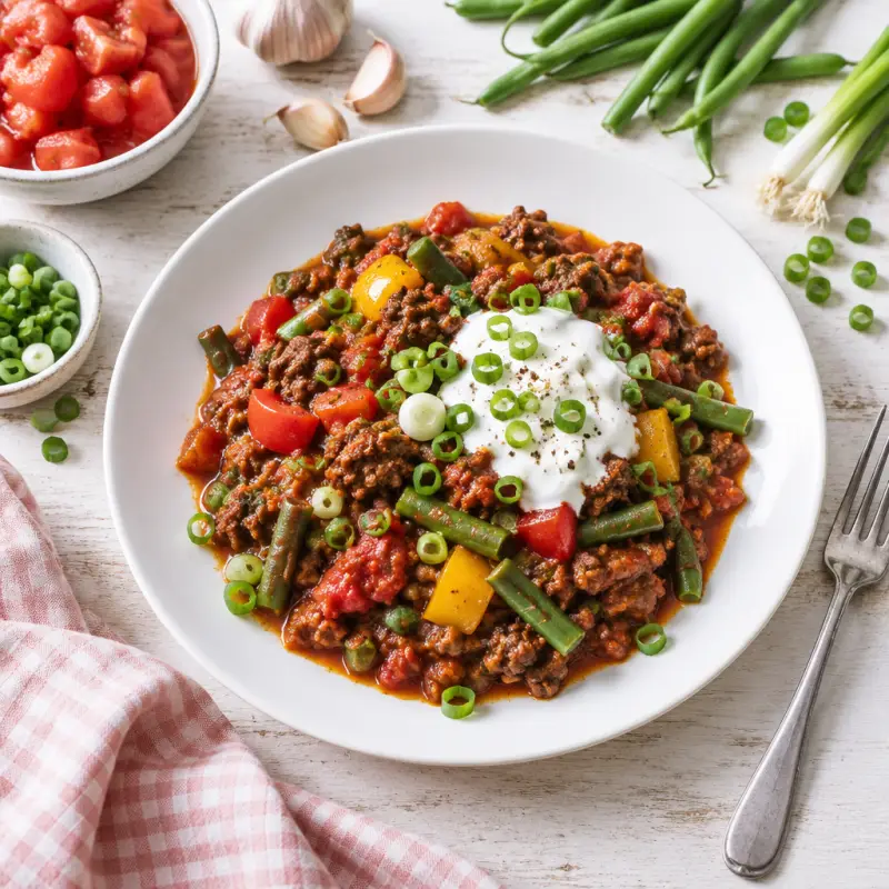 Ground Beef, Bell Pepper & Green Bean Chili with Yogurt, plated