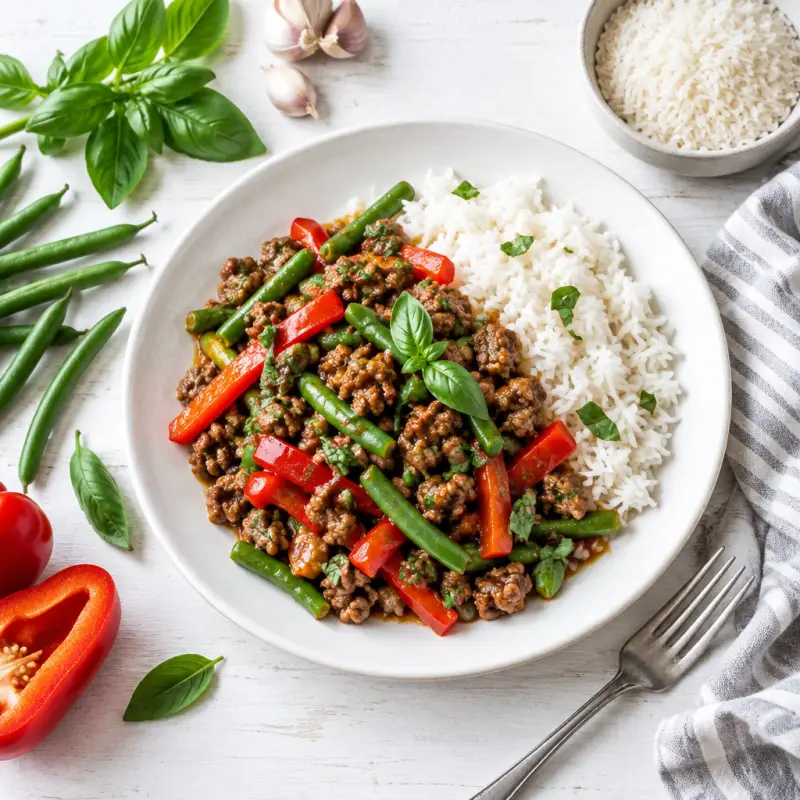 Ground Beef, Green Bean & Bell Pepper Stir Fry with Jasmine Rice, plated