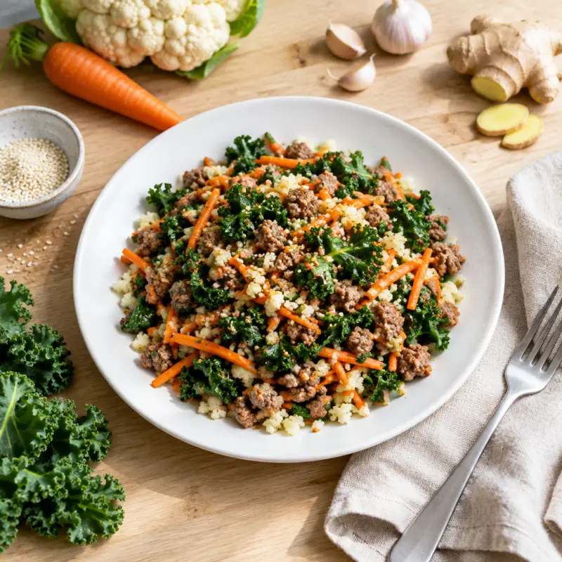 Ground Beef, Kale & Carrot Stir Fry with Cauliflower Rice, plated