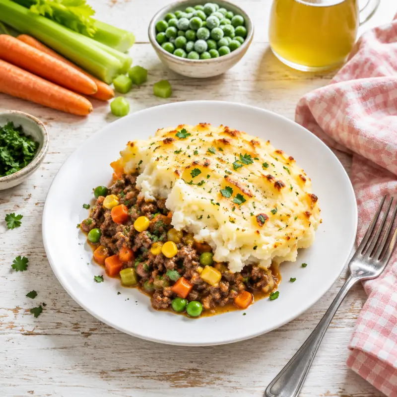 Ground Beef & Mixed Veggie Skillet with Mashed Potato Topping, plated
