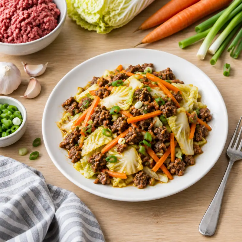 Ground Beef, Napa Cabbage & Carrot Stir Fry, plated