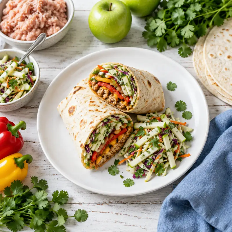 Ground Chicken Wrap with Sautéed Bell Peppers & Apple-Cilantro Slaw, plated