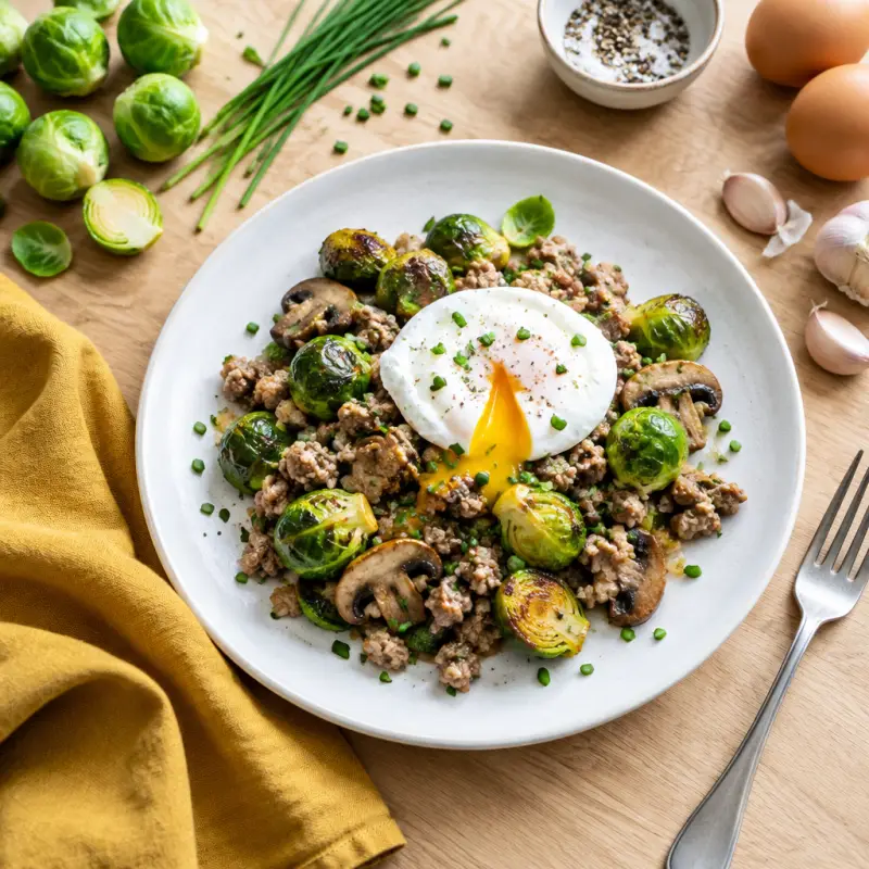 Ground Pork, Brussels Sprout & Mushroom Sauté with Poached Egg, plated