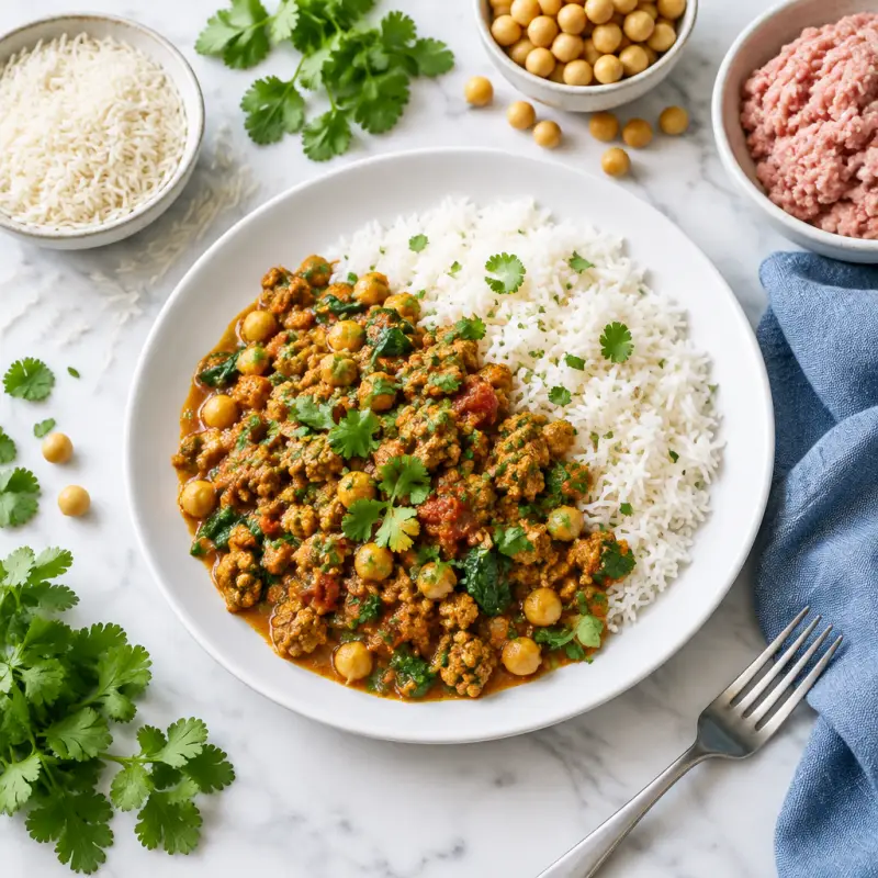 Ground Turkey & Chickpea Curry with Basmati Rice, plated