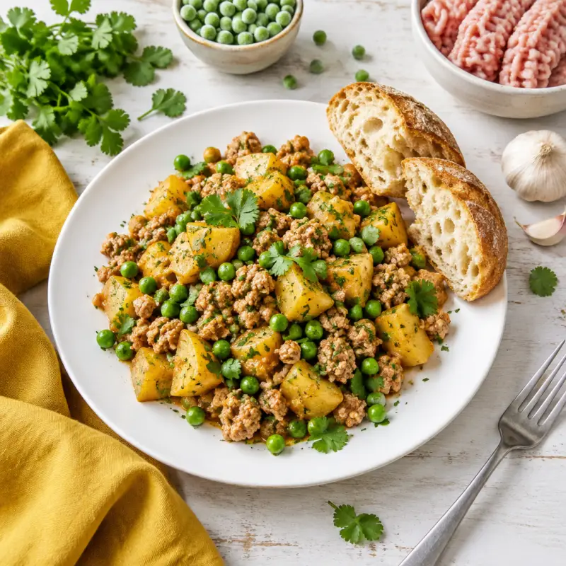 Ground Turkey, Potatoes & Peas with Crusty Bread, plated