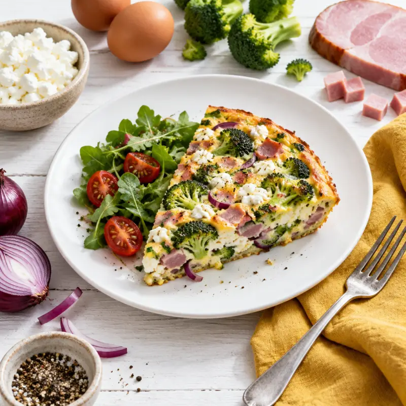Ham, Broccoli, Red Onion & Cottage Cheese Frittata, plated