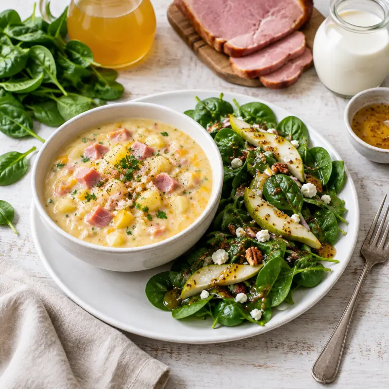 Ham, Cheese & Potato Soup with Honey Mustard Pear-Spinach Salad, plated
