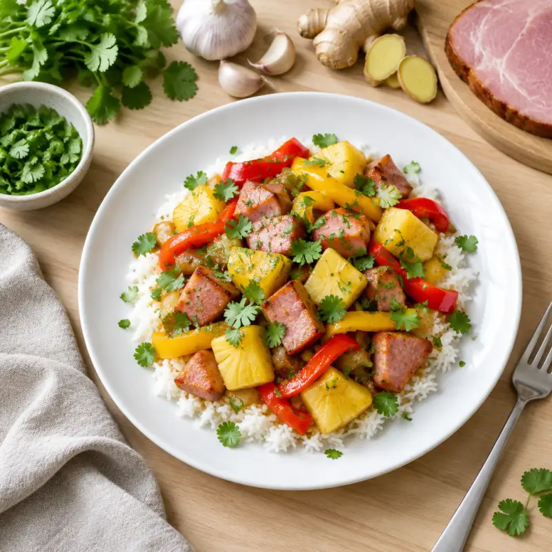 Ham, Pineapple & Bell Pepper Stir-Fry over Jasmine Rice with Cilantro, plated