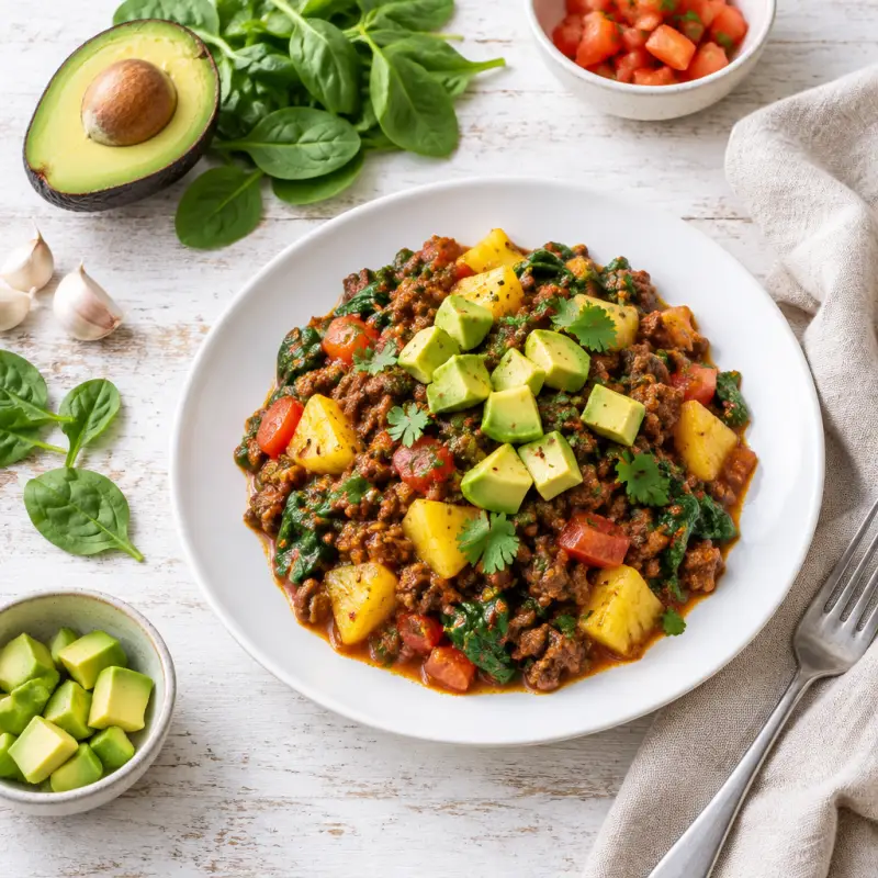 Hawaiian Beef & Pineapple Chili with Spinach & Avocado, plated