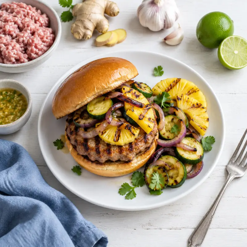 Hawaiian Pork Burger with Citrus Grilled Pineapple, Zucchini & Onion, plated