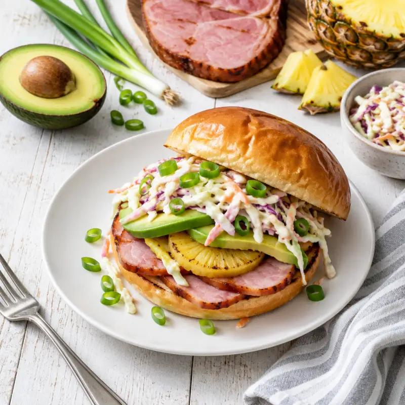 Hawaiian-Style Ham Sandwich with Pineapple, Avocado & Ranch Coleslaw, plated