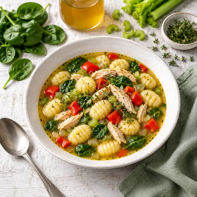 Hearty Chicken Soup with Gnocchi, Bell Pepper, Spinach & Thyme, plated