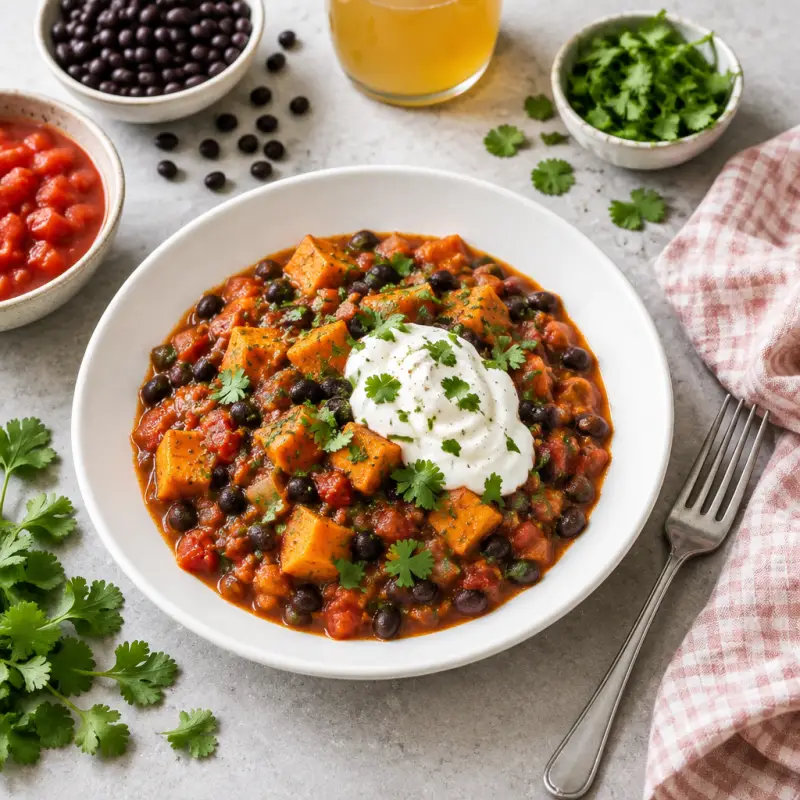 Hearty Sweet Potato & Black Bean Chili with Greek Yogurt, plated
