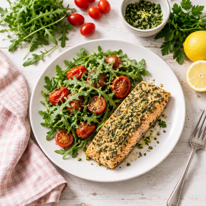 Herb Crusted Salmon with Arugula & Roasted Tomato Salad, plated