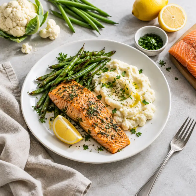 Herbed Salmon with Roasted Green Beans & Cauliflower Mash, plated