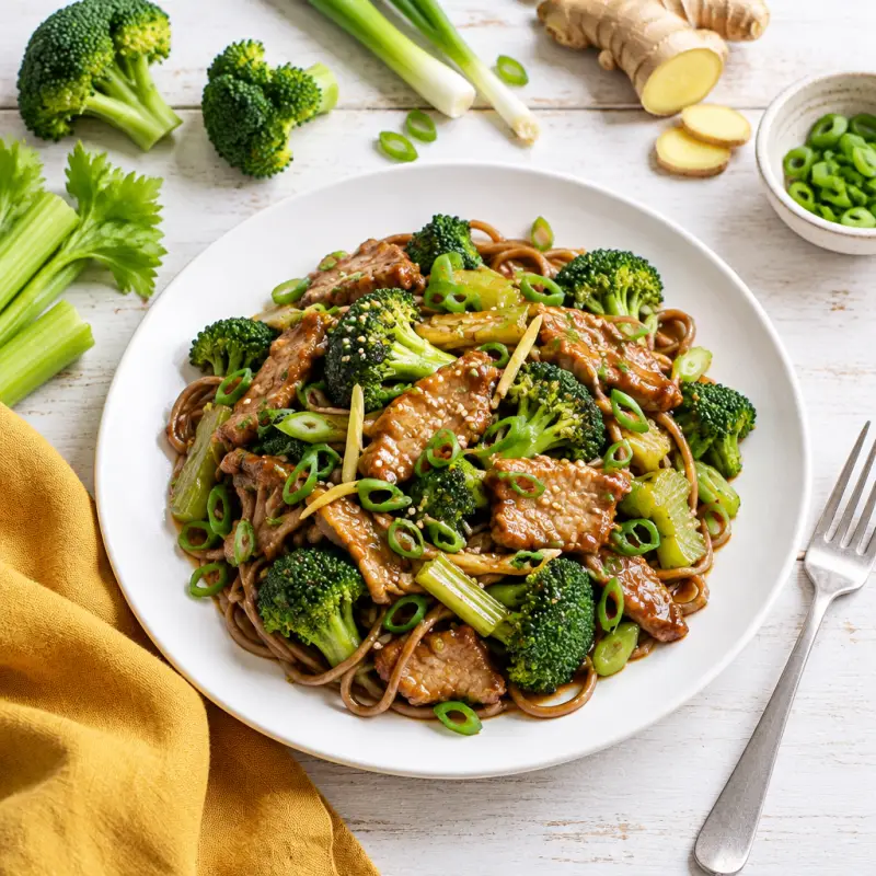 Hoisin Pork Stir-Fry with Soba Noodles, Broccoli, Celery & Ginger, plated