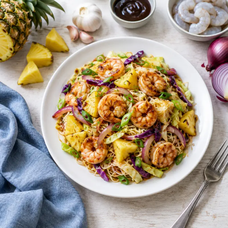 Hoisin Shrimp, Pineapple & Cabbage Stir-Fry with Rice Noodles, plated