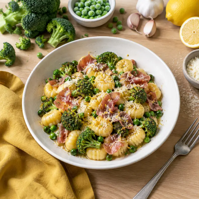 Honey-Butter Gnocchi with Prosciutto, Broccoli, Peas & Parmesan, plated
