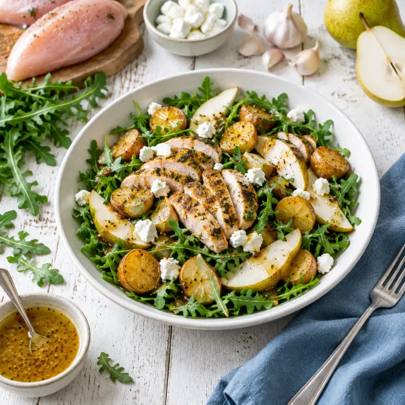 Honey-Dijon Arugula Salad with Chicken, Potato, Pear & Goat Cheese, plated