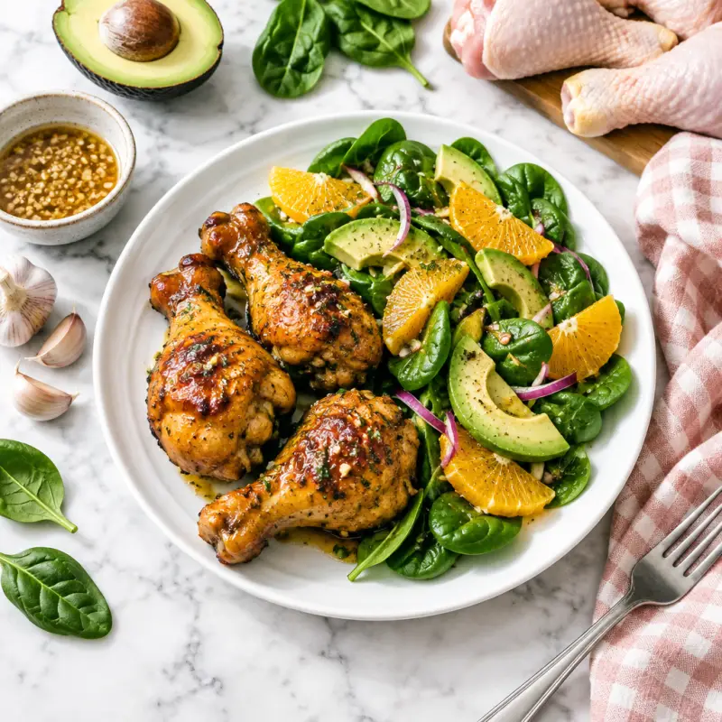 Honey Garlic Chicken Drumsticks with Spinach, Avocado & Orange Salad, plated