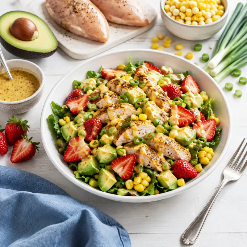 Honey Mustard Chicken Salad with Strawberries, Avocado & Corn, plated
