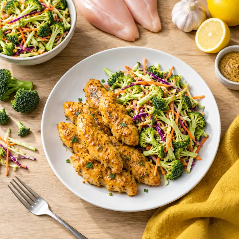 Honey Mustard Chicken Tenders with Broccoli Orange Slaw, plated