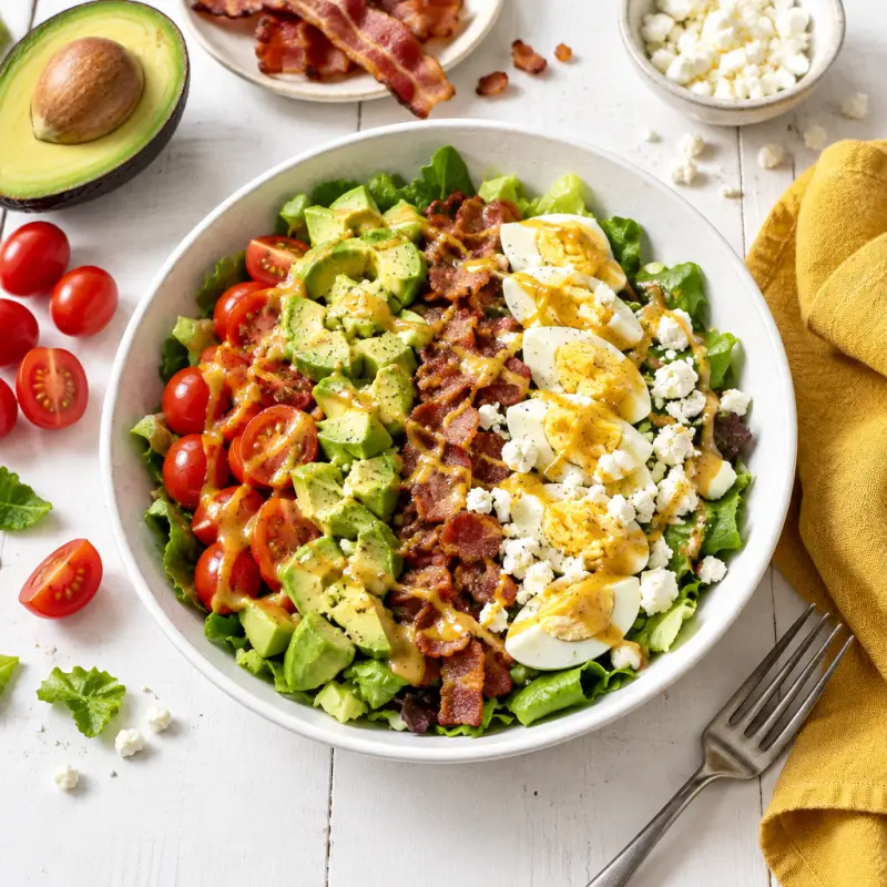Honey Mustard Cobb Salad with Tomato, Avocado, Bacon, Egg & Feta, plated