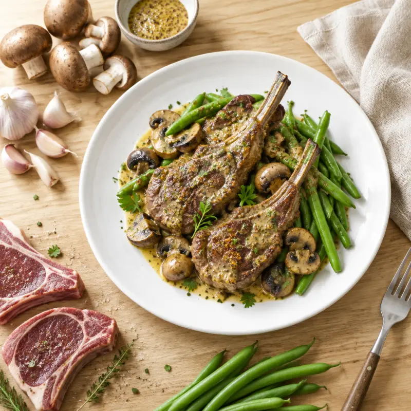 Honey Mustard Lamb Chops with Mushrooms & Green Beans, plated