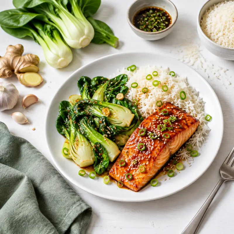 Honey-Soy Glazed Salmon with Sautéed Bok Choy & Basmati Rice, plated