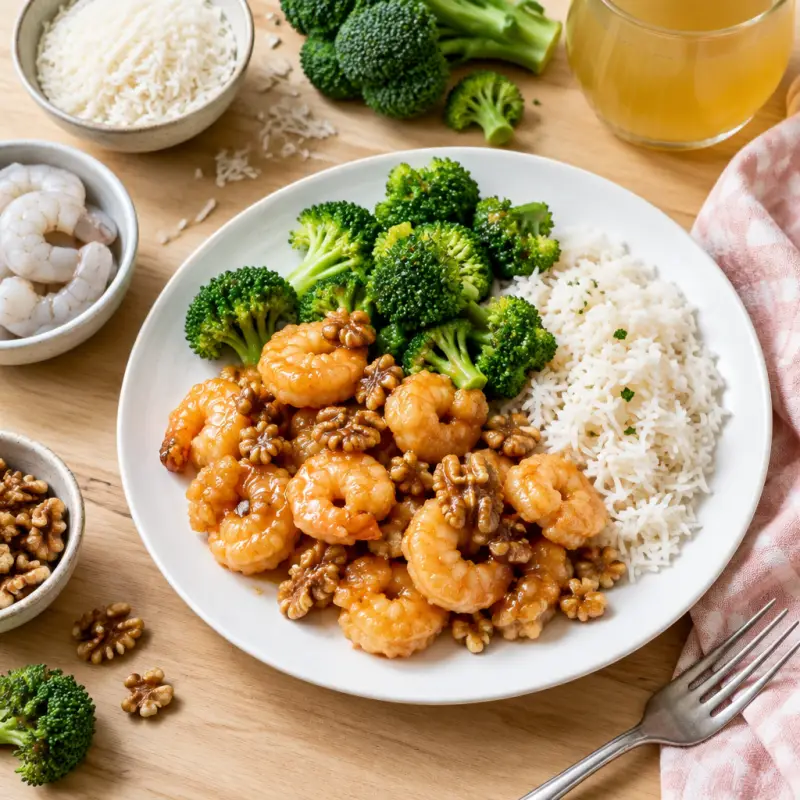 Honey Walnut Shrimp with Broccoli & Rice, plated