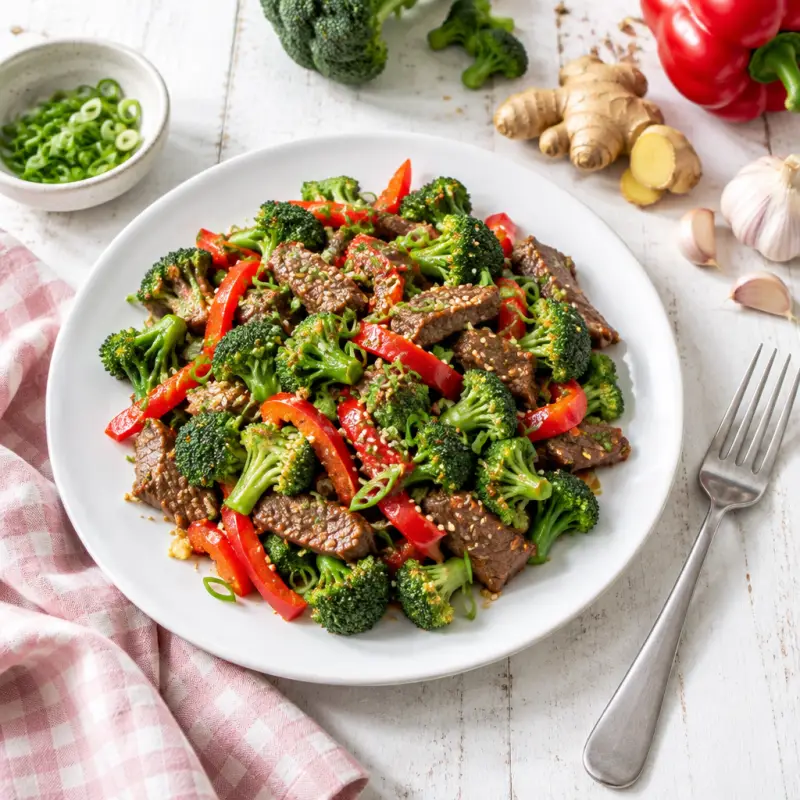 Hot Gingered Beef & Broccoli Salad with Red Pepper, plated