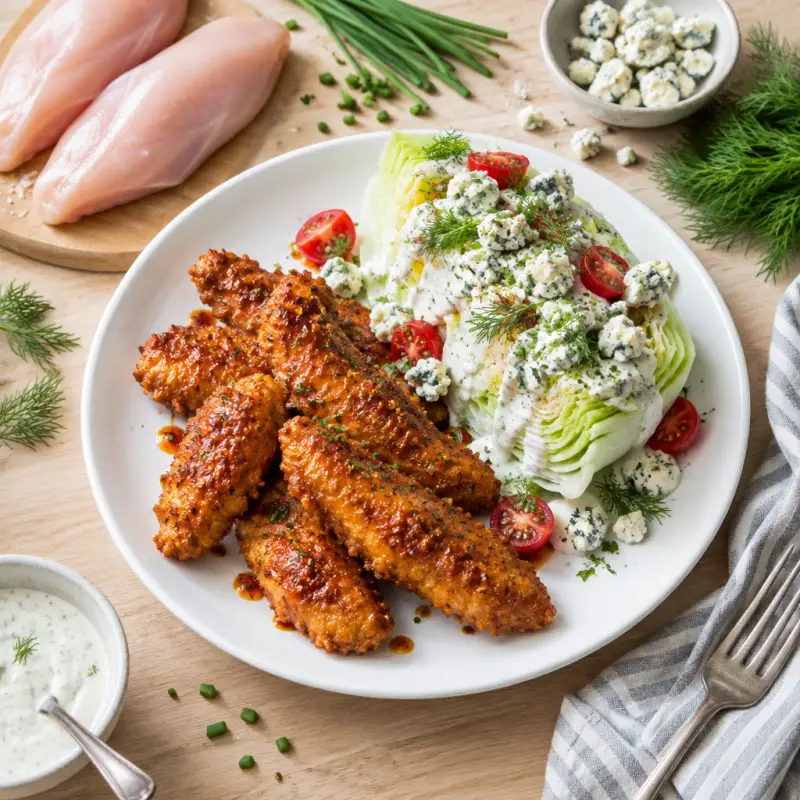 Hot Honey Chicken Tenders & Blue Cheese Wedge Salad with Herby Ranch, plated